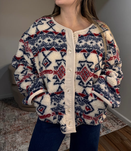 aztec tribal sherpa button up jacket nordic pattern