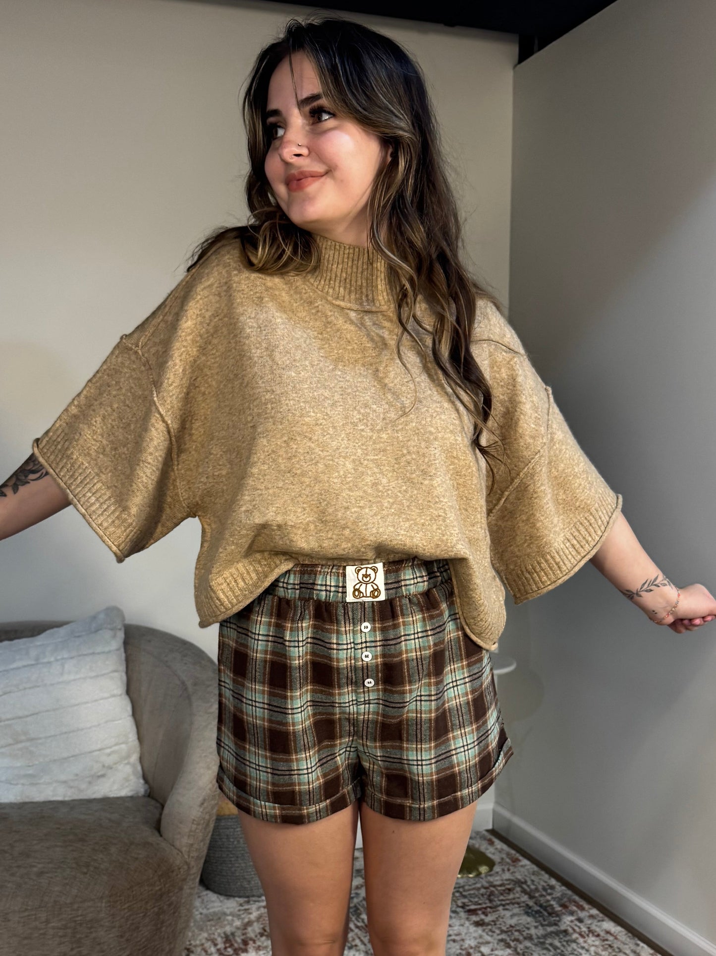  Mock Neck Short Sleeve Cropped Sweater Top mocha mousse