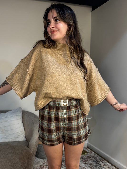  Mock Neck Short Sleeve Cropped Sweater Top mocha mousse