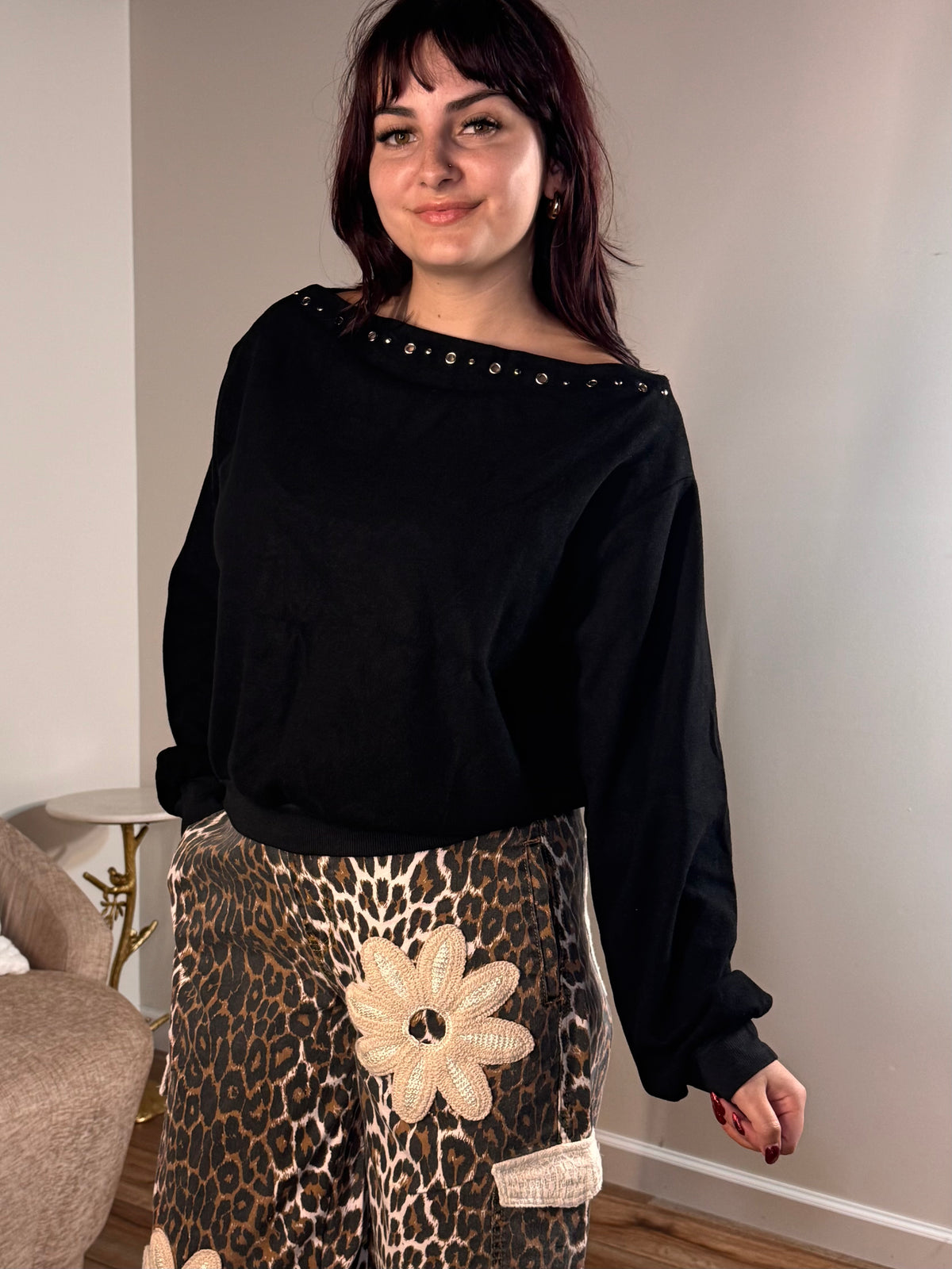 Rachelle Studded Boat Neck Sweatshirt, Black