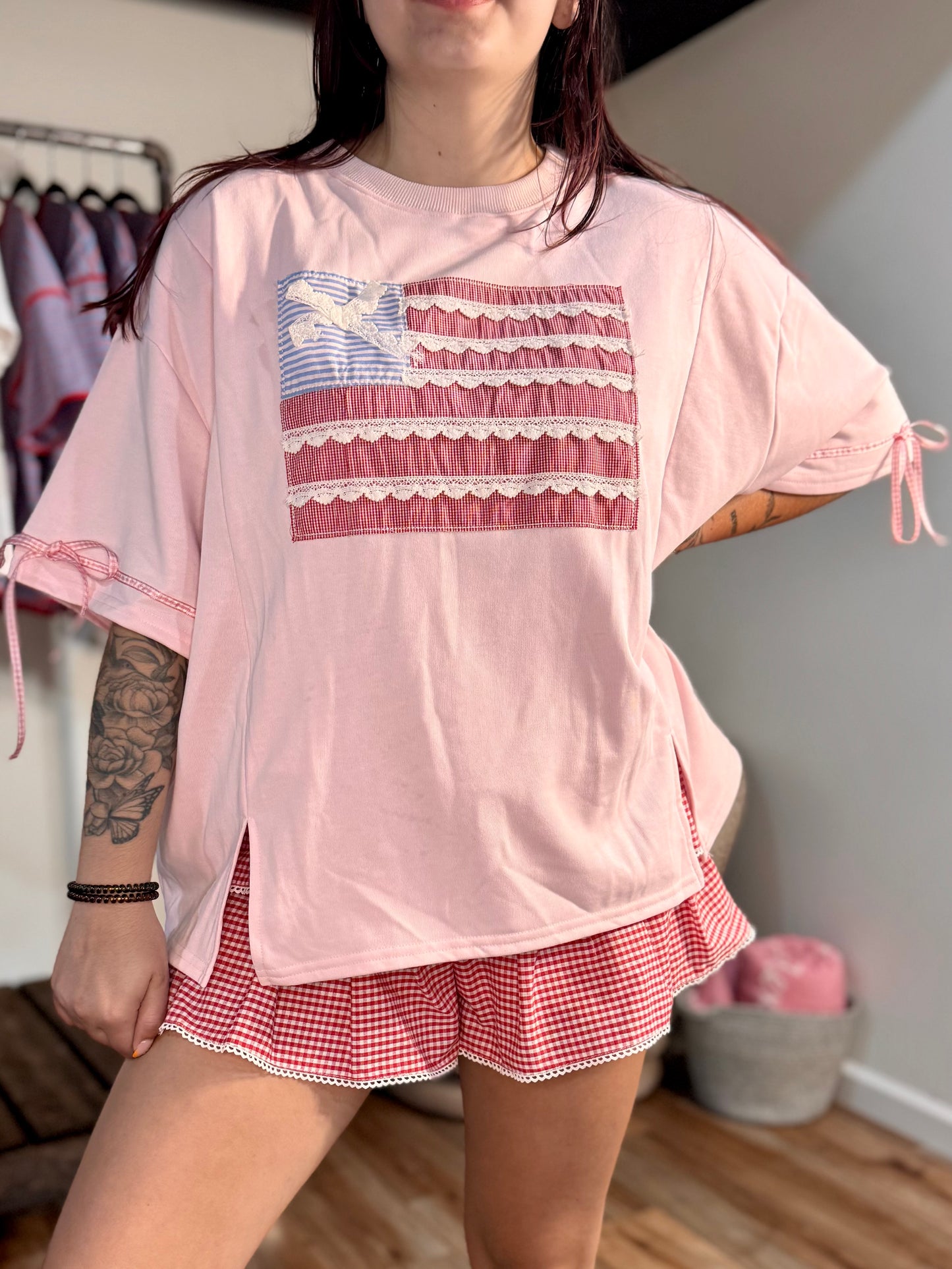 Patriotic Ribbon Flag Top | Pink Fourth of July Oversized Shirt