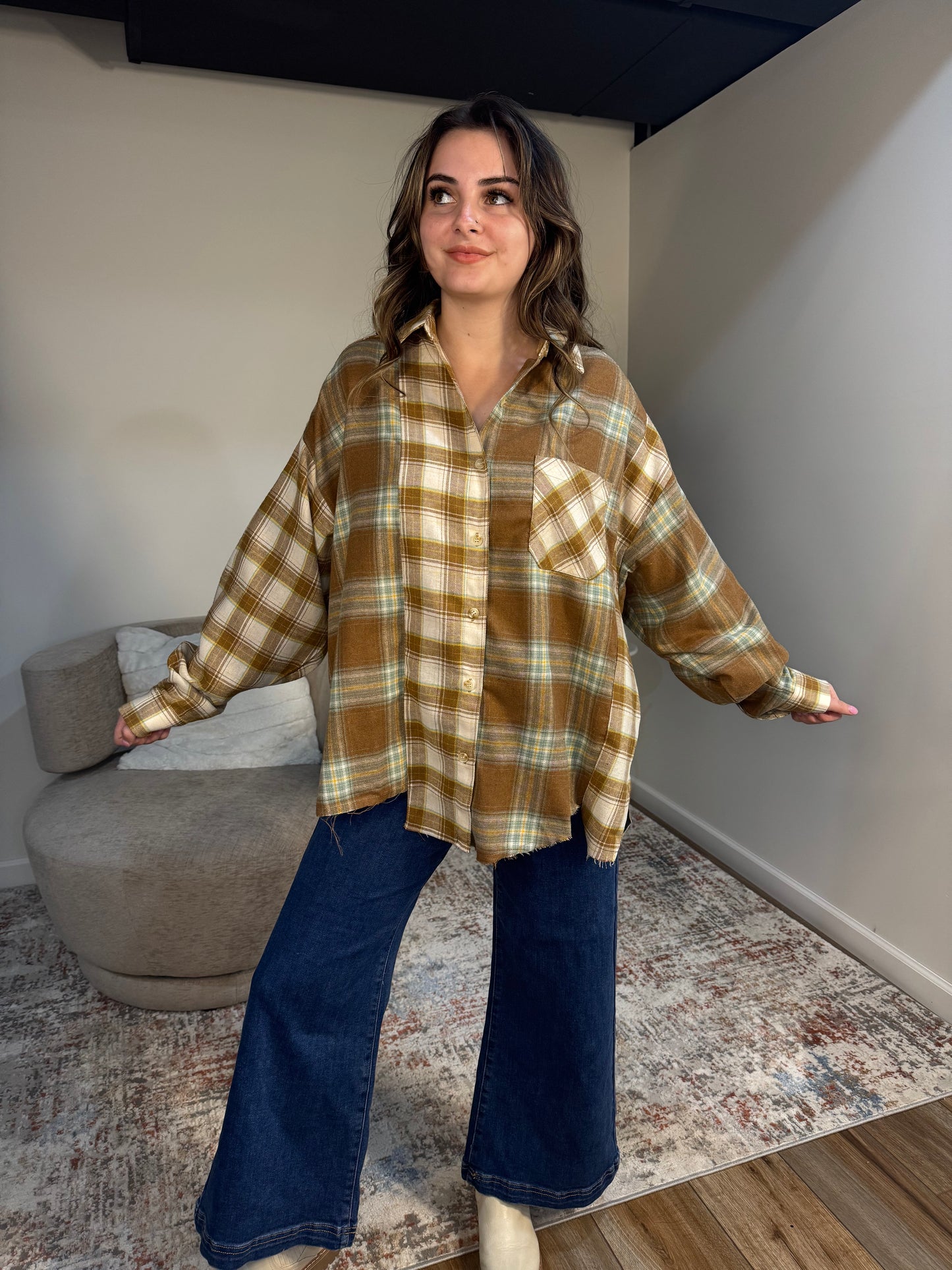 sage brown patchwork flannel shirt 