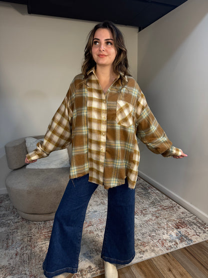 sage brown patchwork flannel shirt 