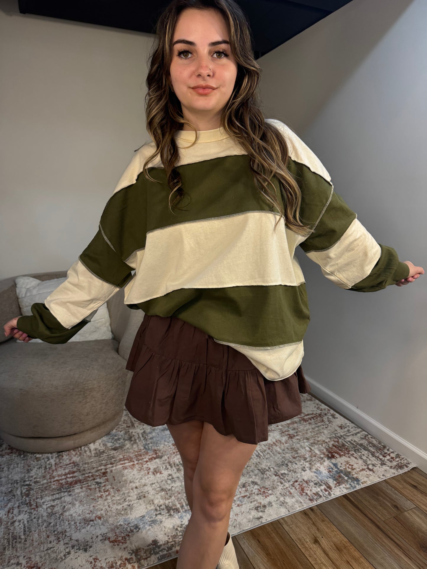 olive and cream striped rugby long sleeves contrast stitching panels