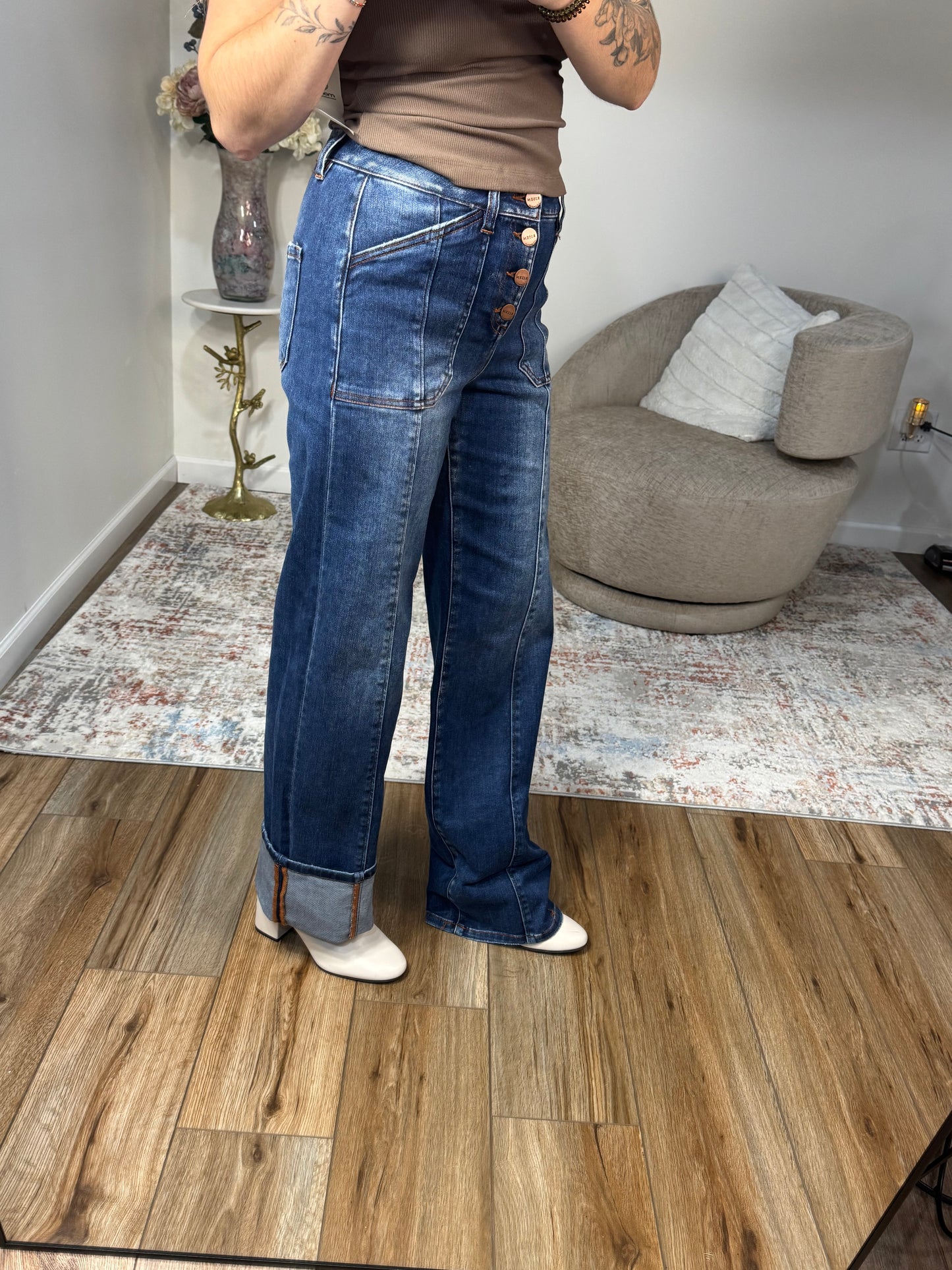 high rise wide leg long inseam dark wash jeans