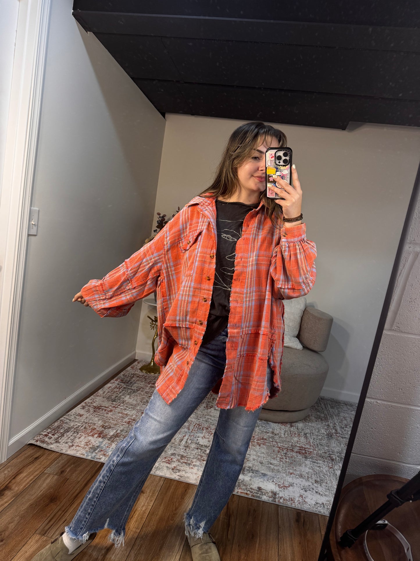 trendy oversized orange coral flannel fall