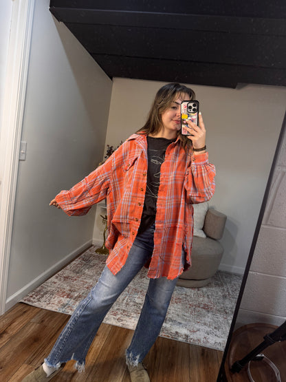 trendy oversized orange coral flannel fall