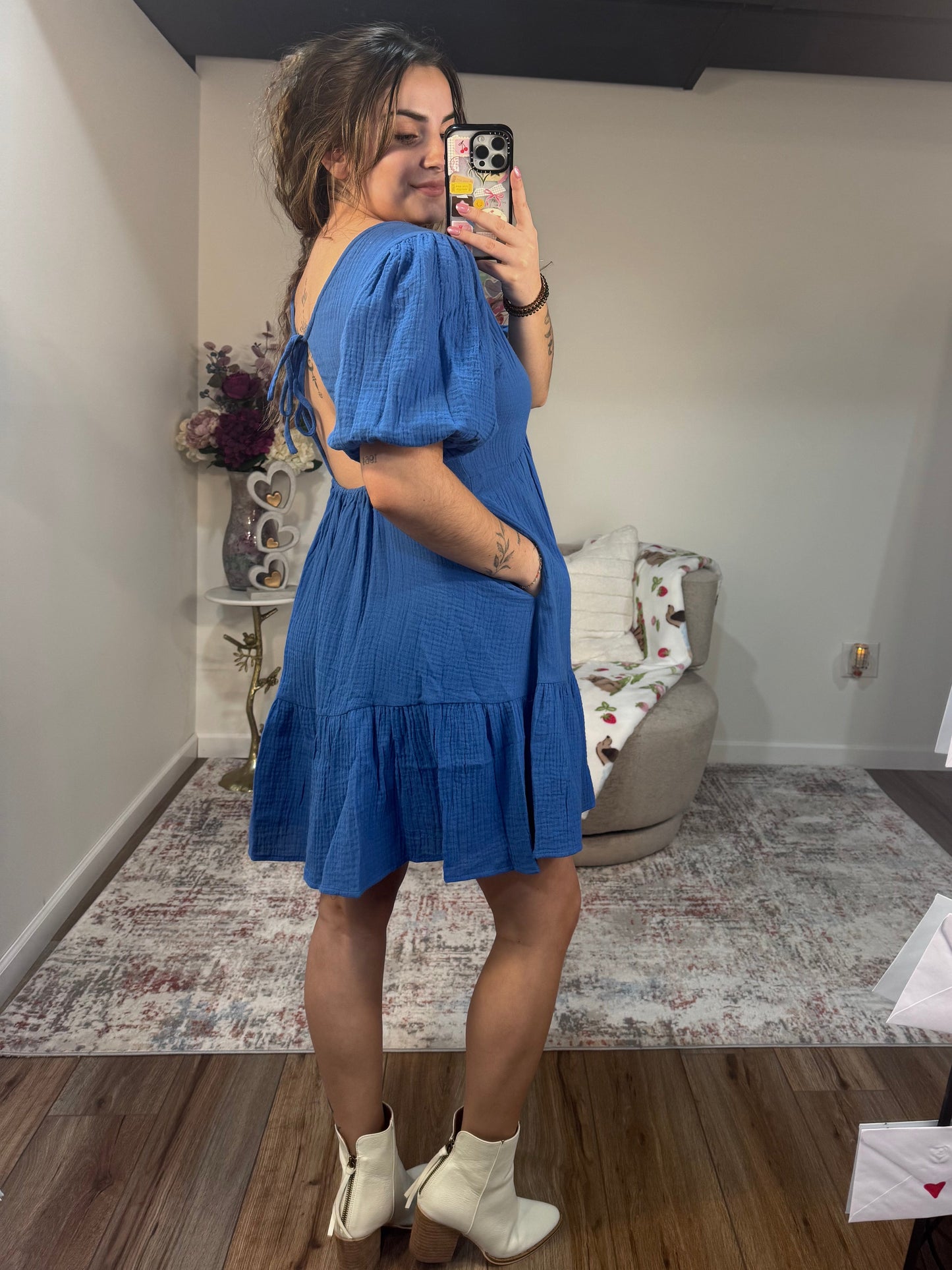 v neck puff sleeve tiered blue dress