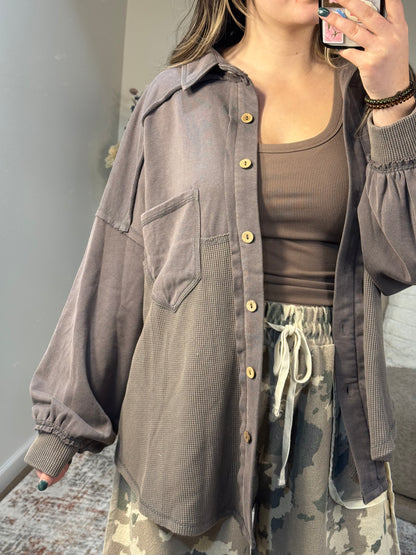 Judie Acid Wash Mixed Media Shacket