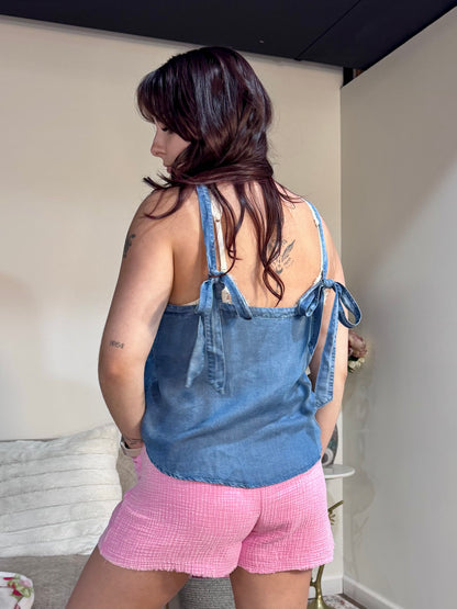 Amber Mineral Wash Denim Tank with Back Ties