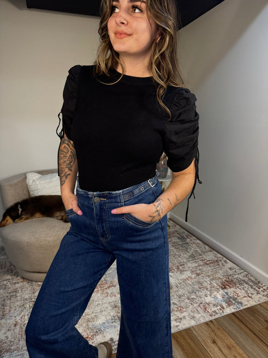 black mixed media sweater ruched puff sleeve 