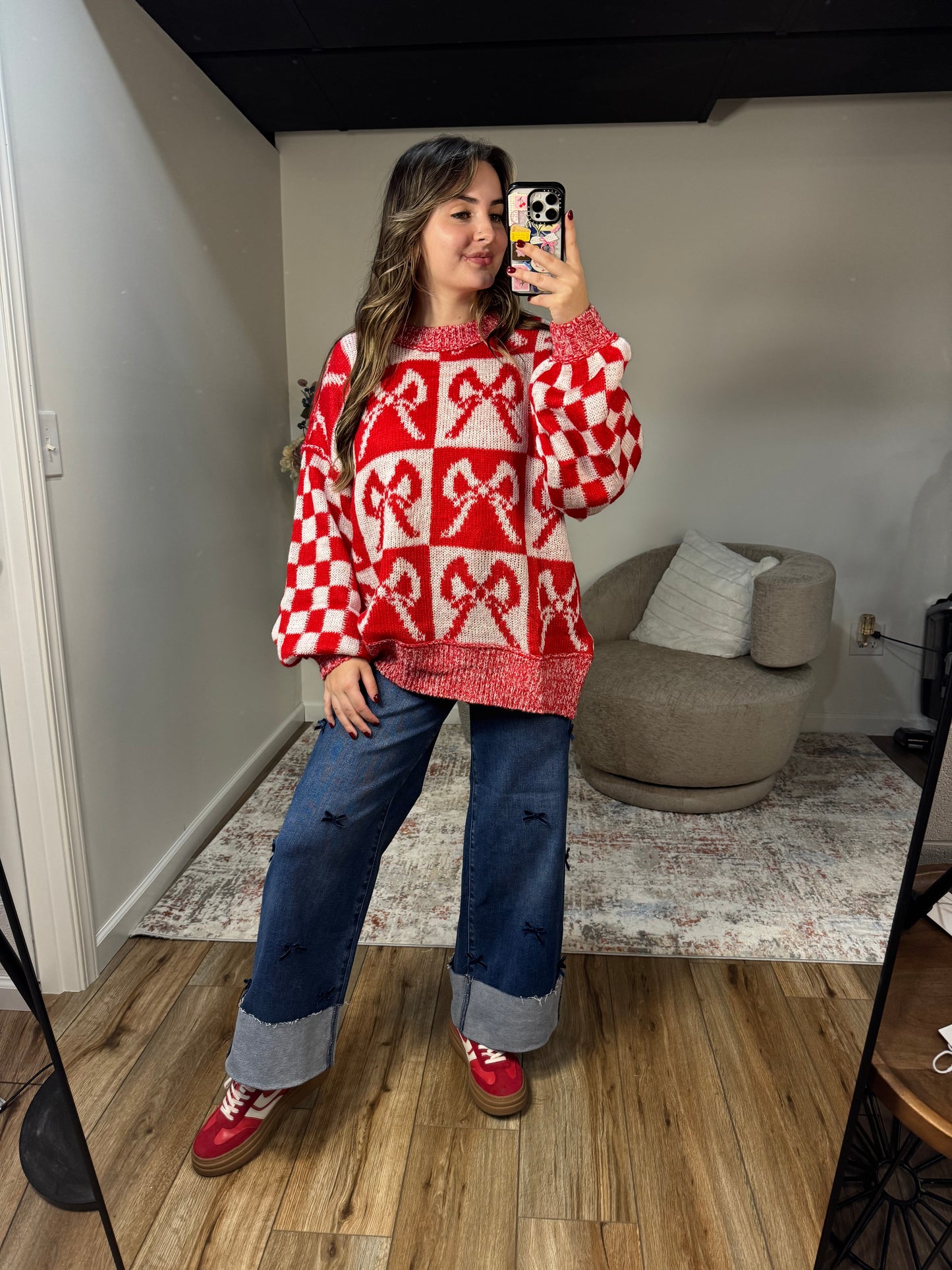 high rise wide leg cropped cuffed jeans with bows, bow sweater 