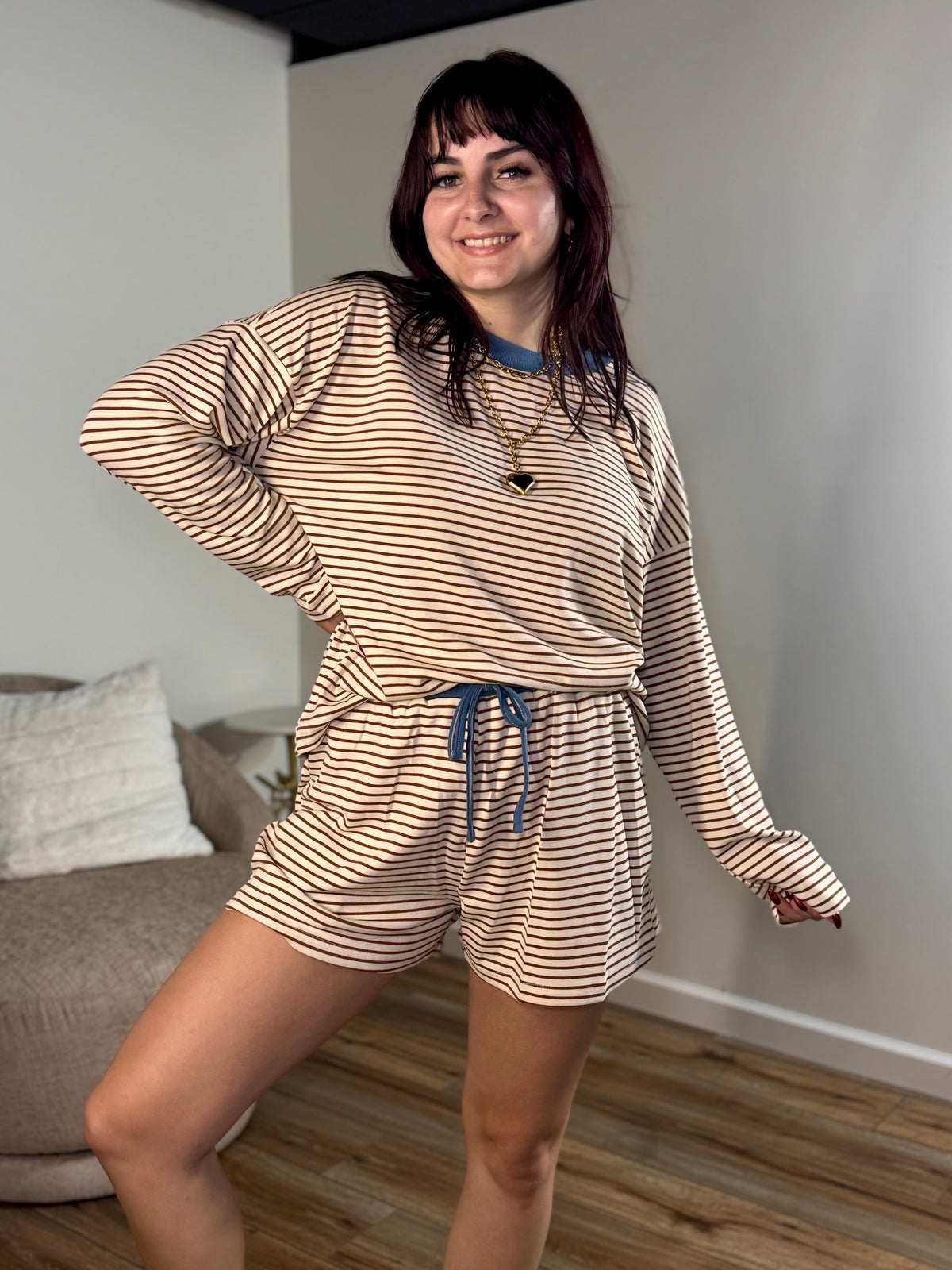 Karsyn Loose Fit Striped Dolman Sleeve Set, Beige