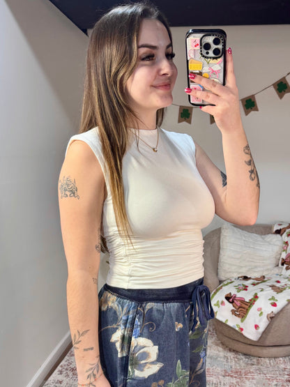 white ruched sleeveless summer women's top