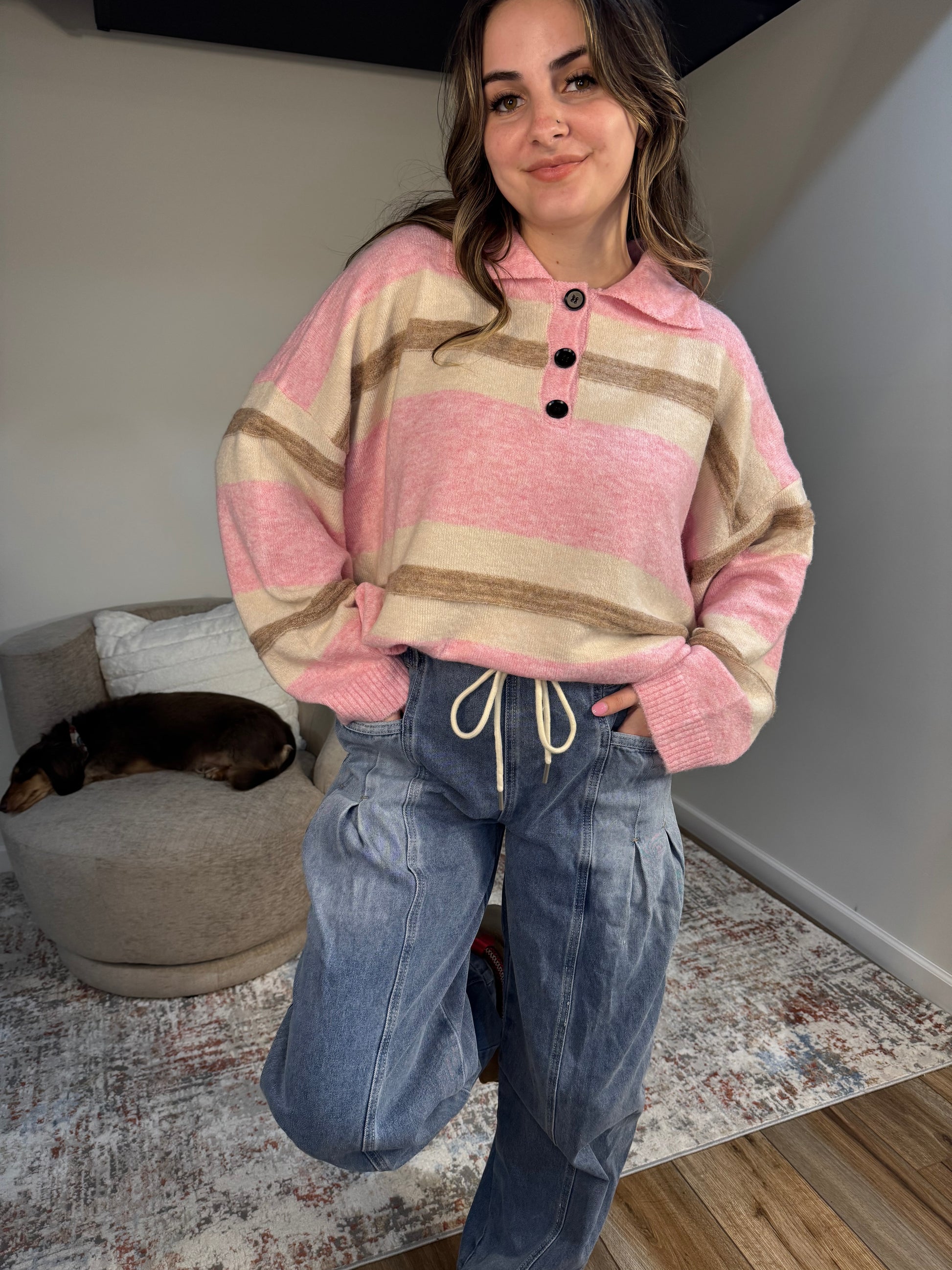 pink and brown Striped Rugby Sweater