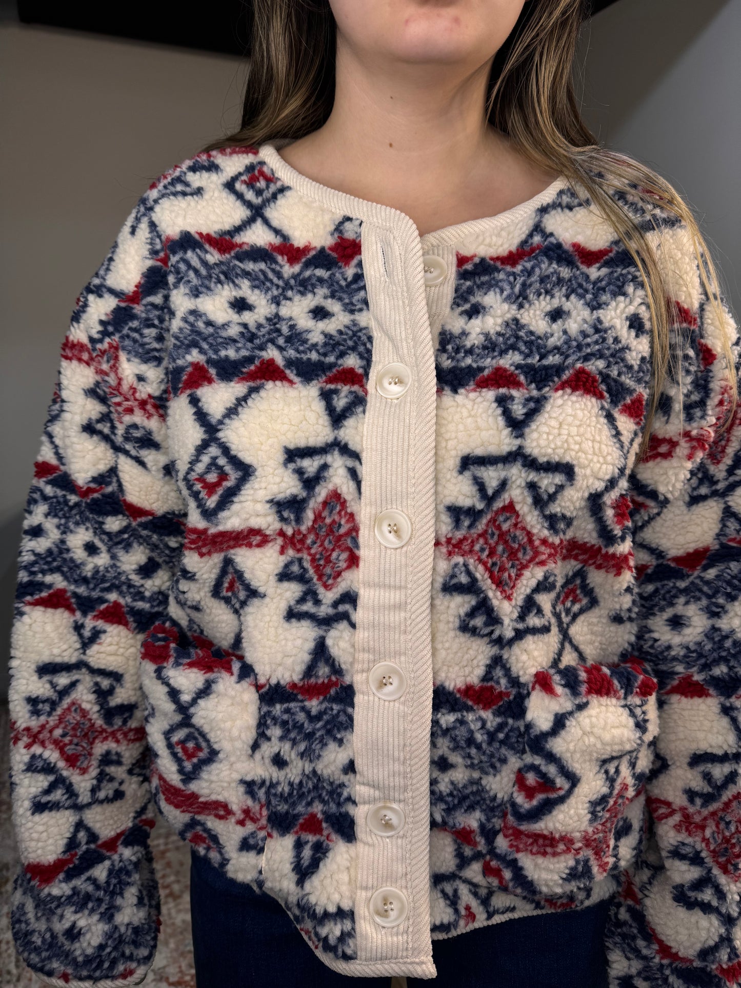 aztec tribal sherpa button up jacket