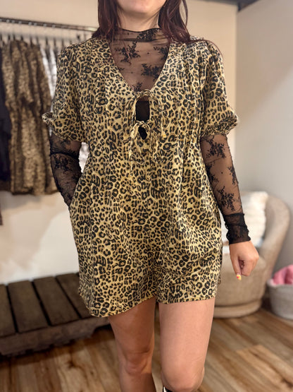 Leopard Print Denim Romper with Pleat and Tie