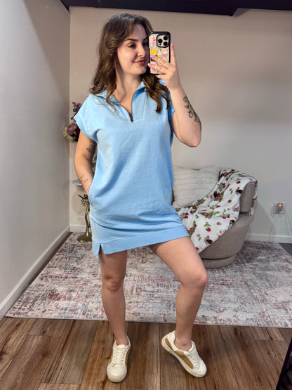 Half Zip Blue Terry Mini Sporty Dress with Pockets