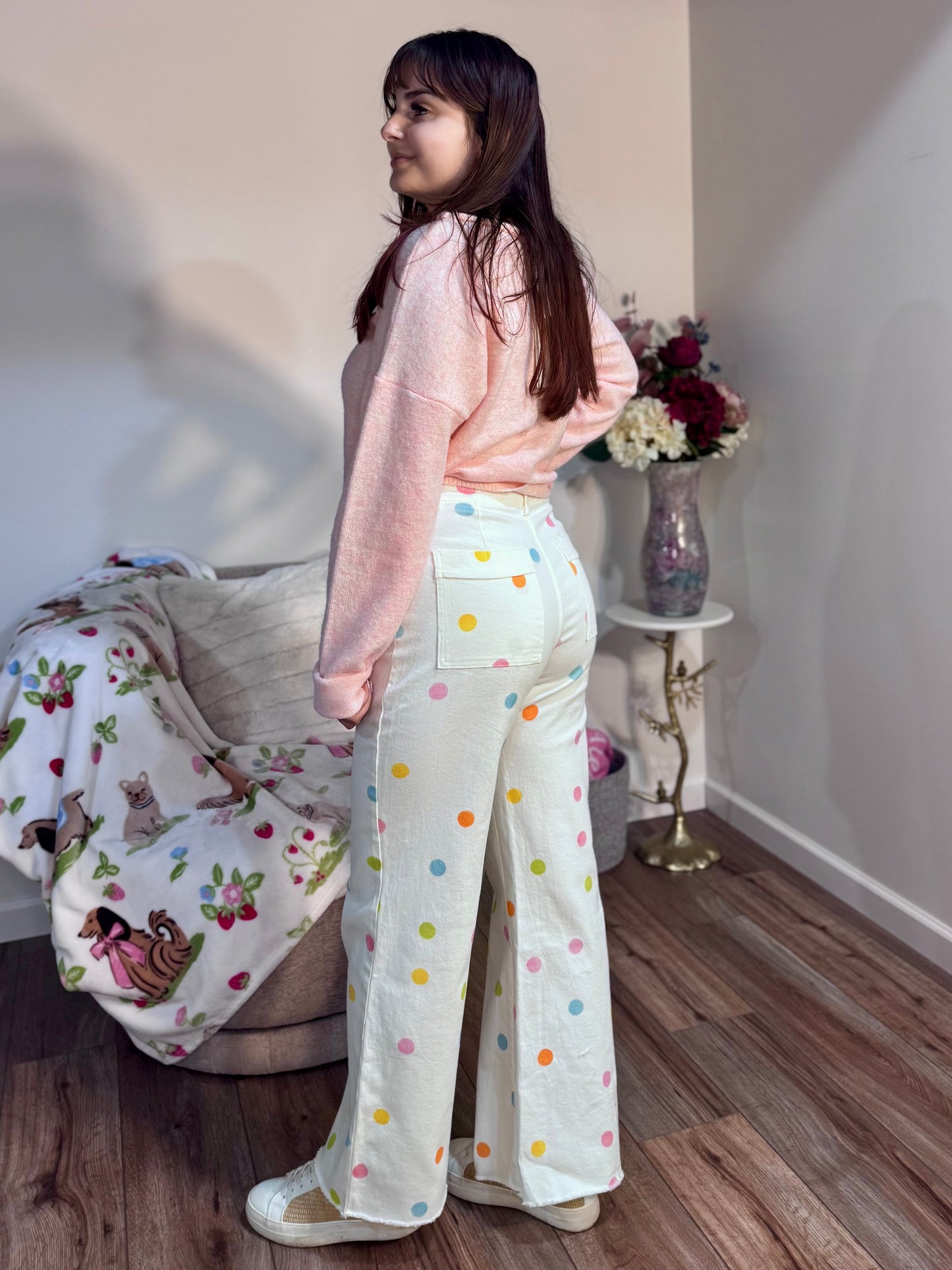 COMFORT STRETCH PASTEL POLKA DOT WIDE LEG JEANS