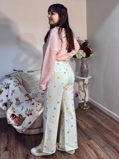 COMFORT STRETCH PASTEL POLKA DOT WIDE LEG JEANS