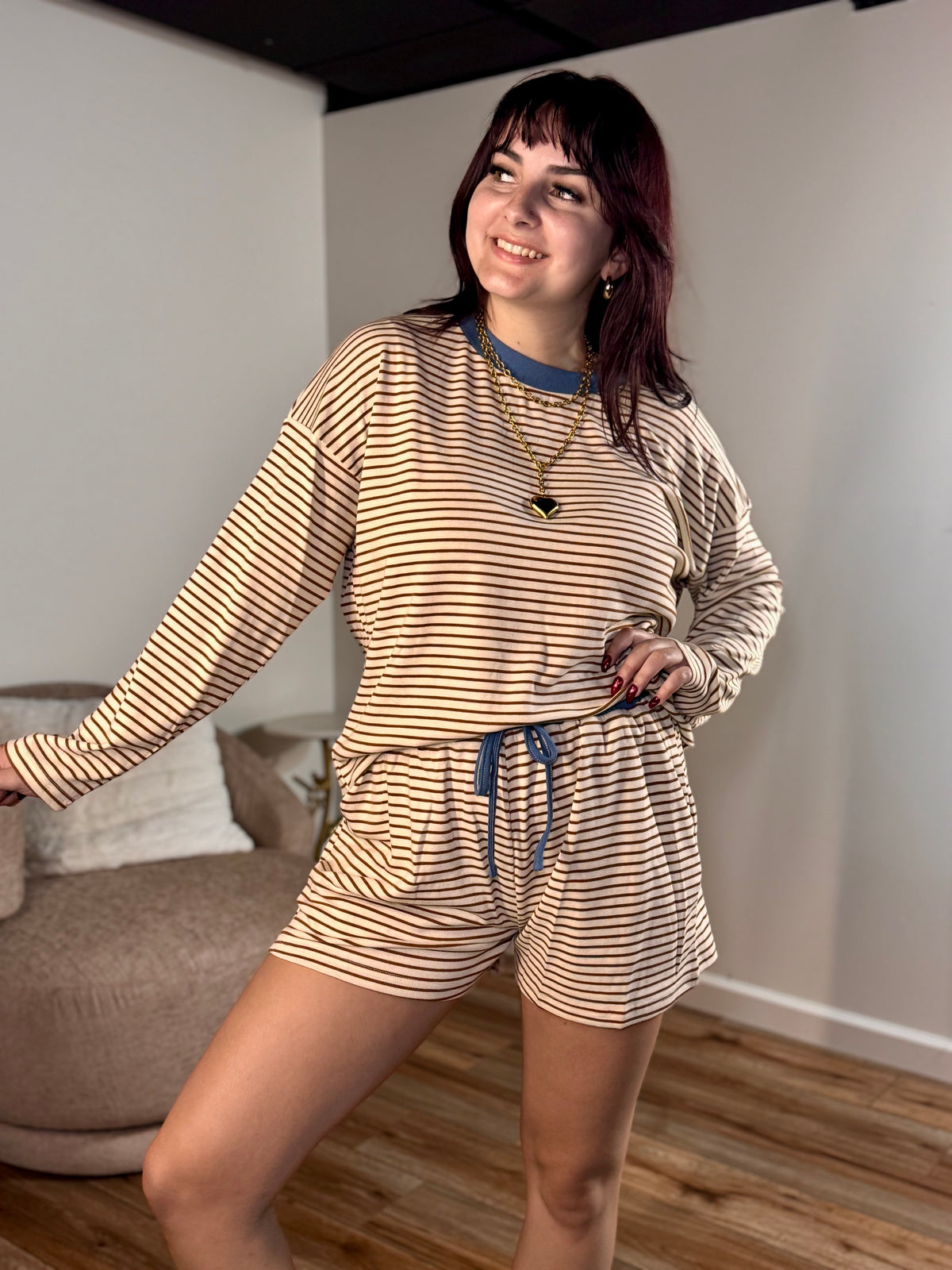 Karsyn Loose Fit Striped Dolman Sleeve Set, Beige