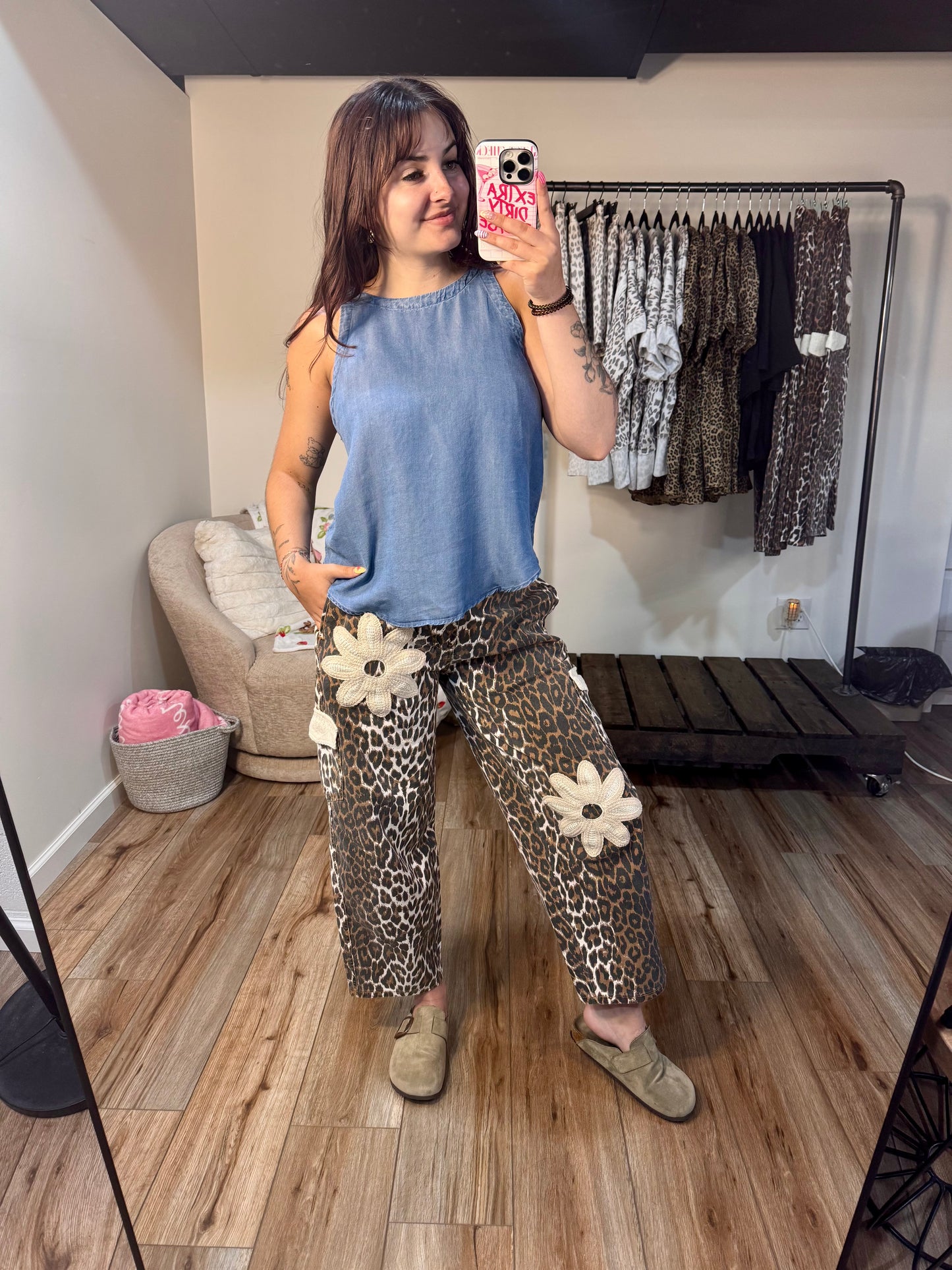 Leopard Print Barrel Pants with Crochet Floral Patches
