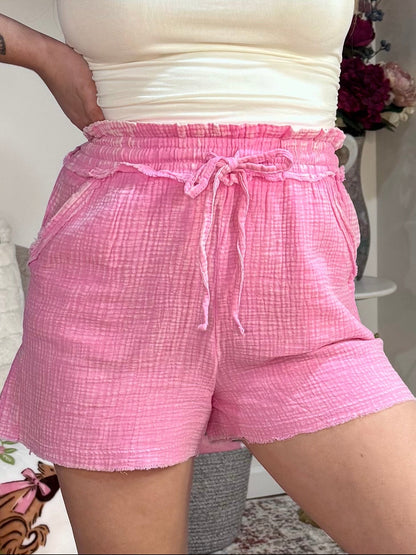  Washed Double Gauze Frayed Hem Shorts Candy Pink