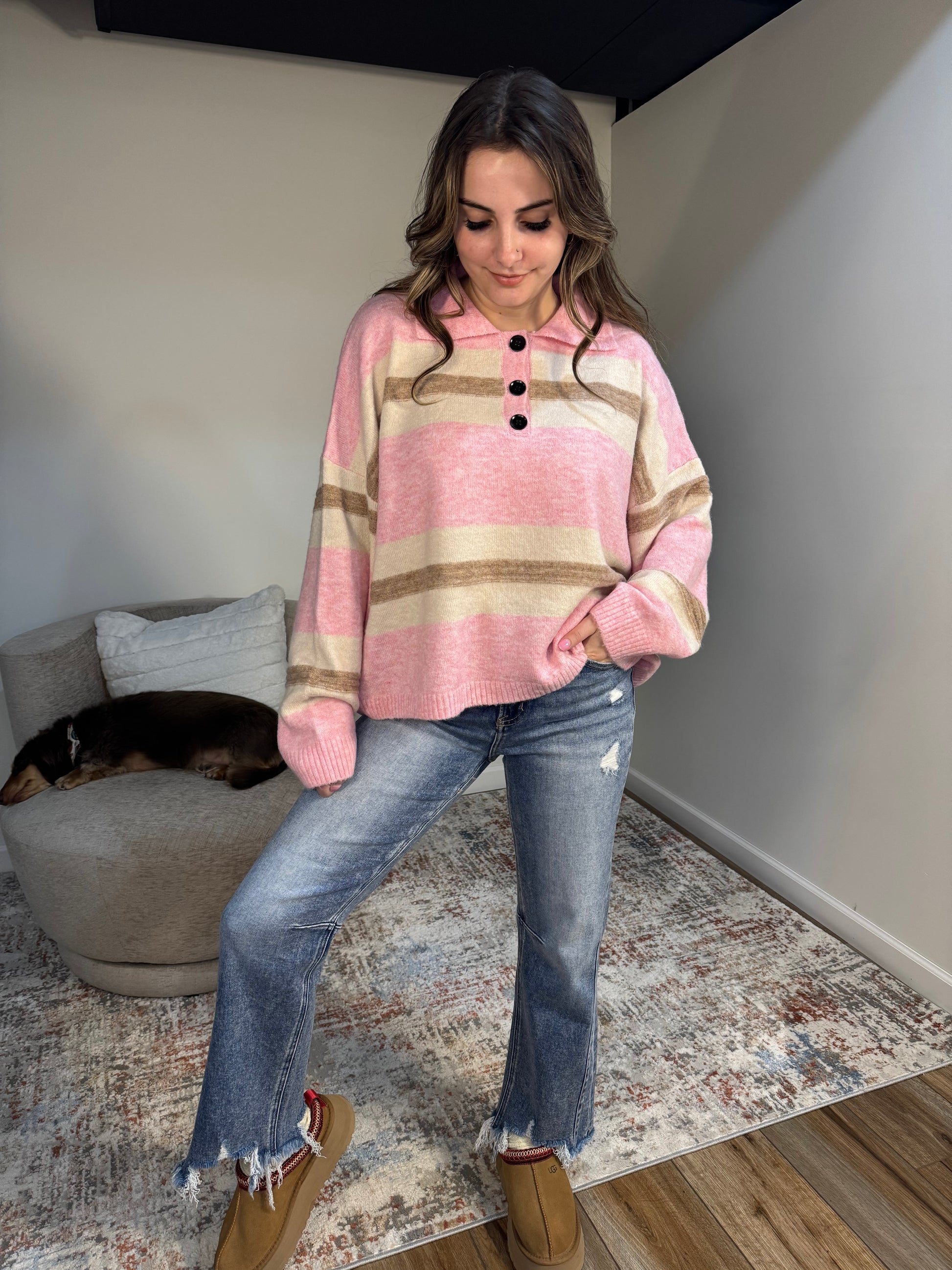 pink and brown Striped Rugby Sweater