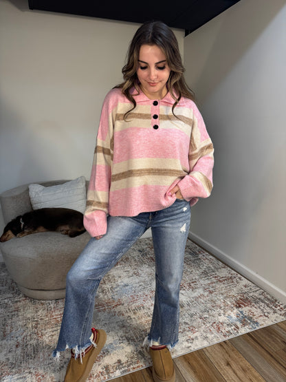 pink and brown Striped Rugby Sweater