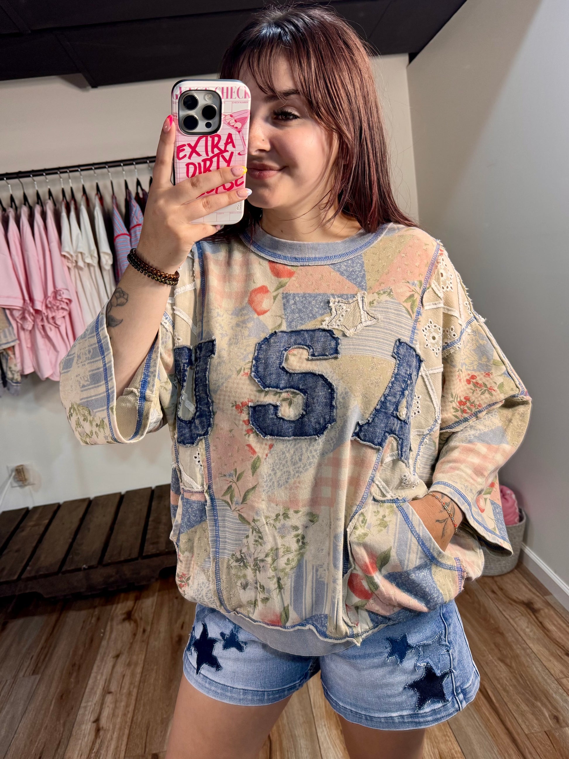 USA Patchwork Terry Pullover | Oversized Patriotic Graphic Sweatshirt