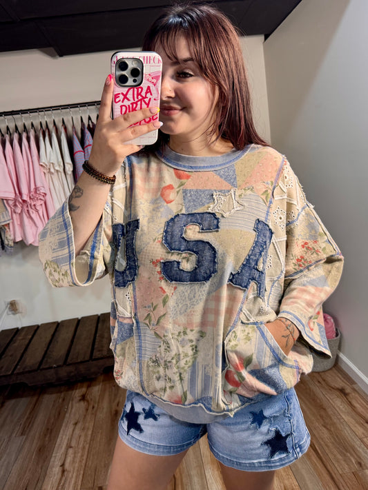 USA Patchwork Terry Pullover | Oversized Patriotic Graphic Sweatshirt