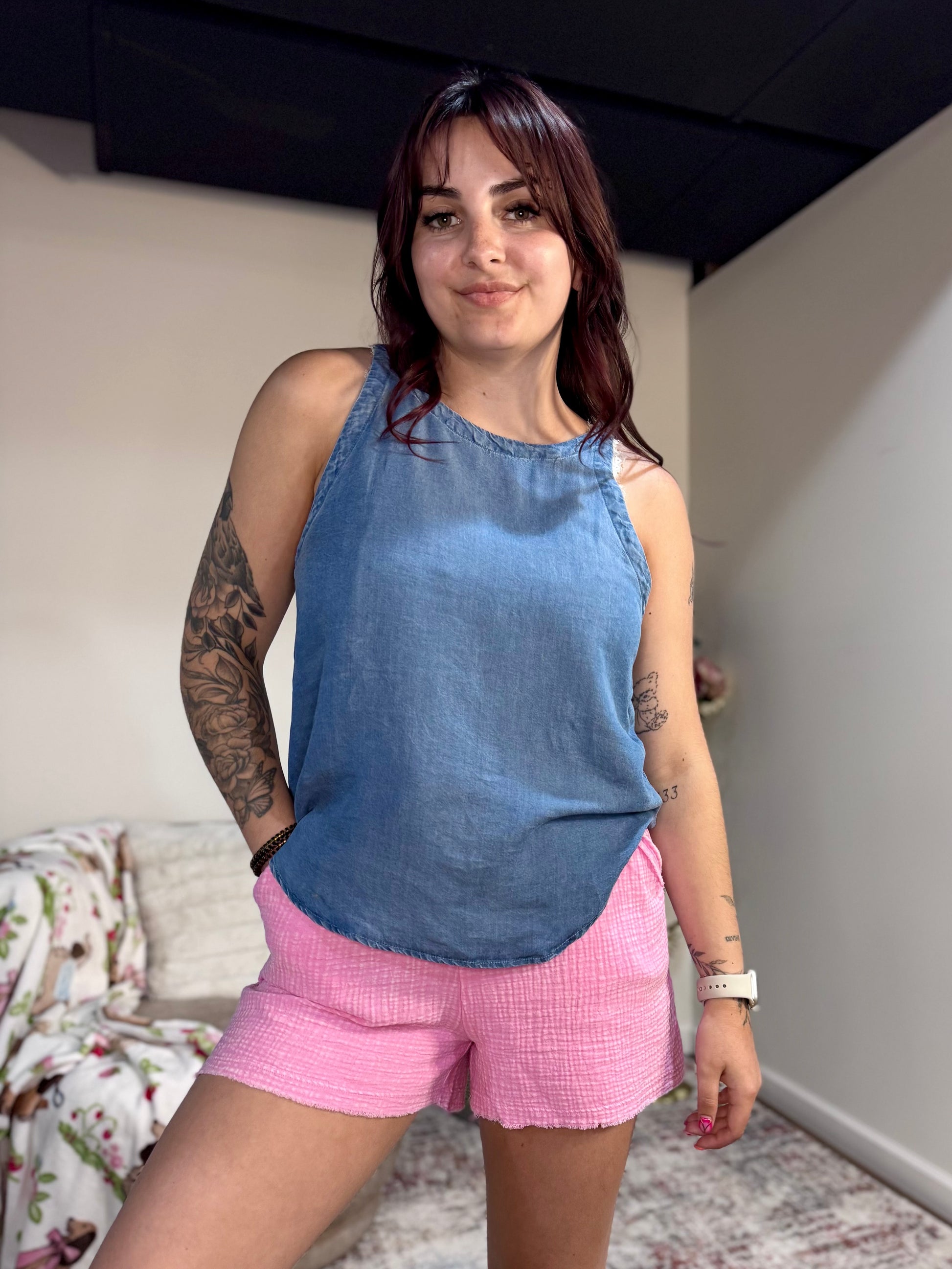 Amber Mineral Wash Denim Tank with Back Ties