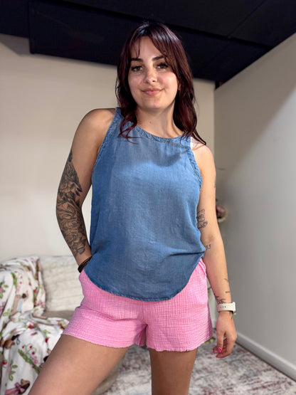 Amber Mineral Wash Denim Tank with Back Ties