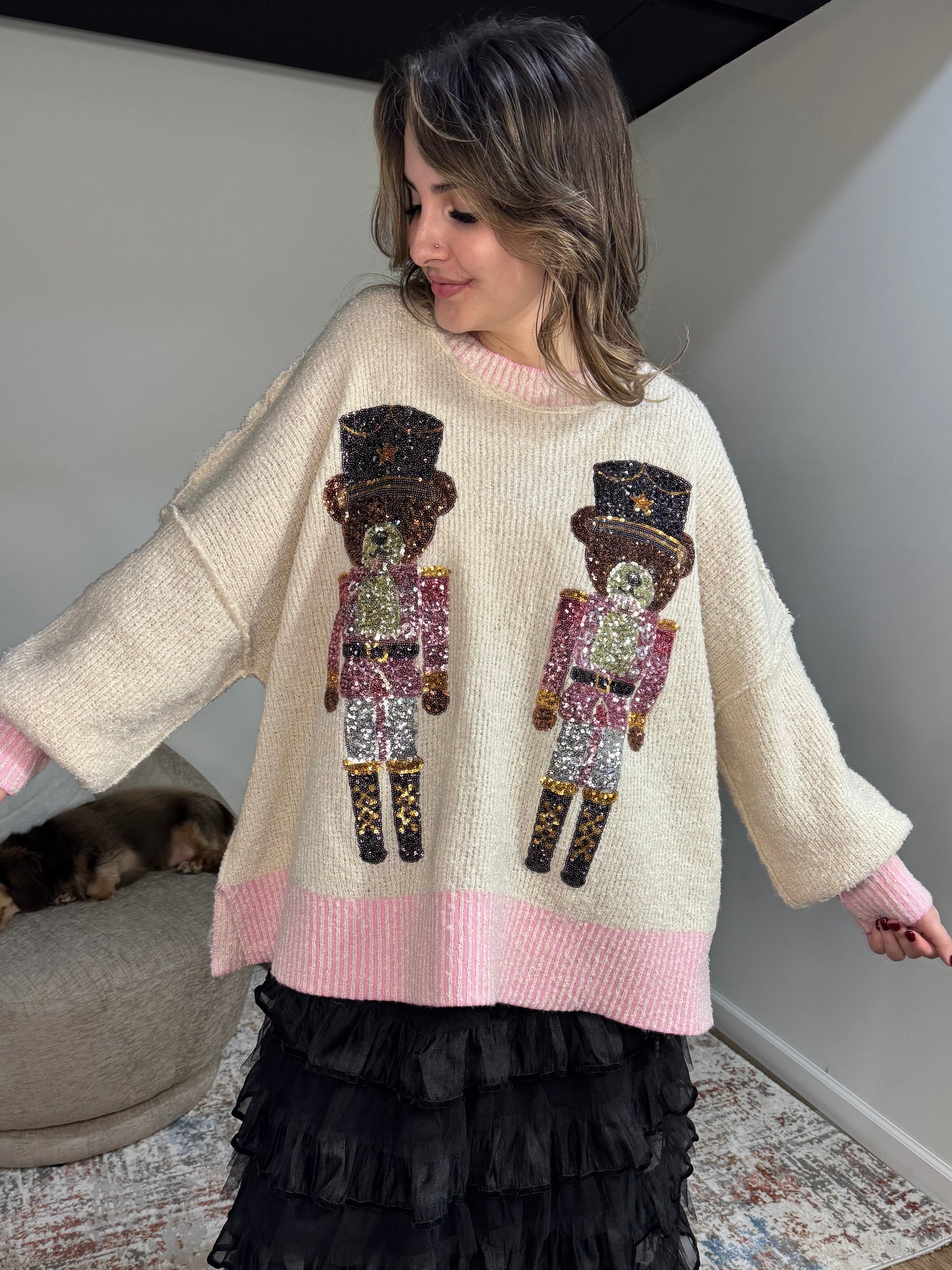 cream teddy bear sequin sweater pink slub knit christmas nutcracker