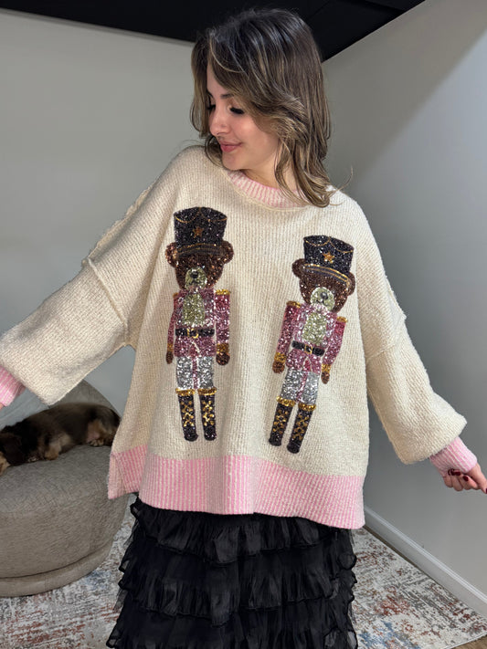 cream teddy bear sequin sweater pink slub knit christmas nutcracker