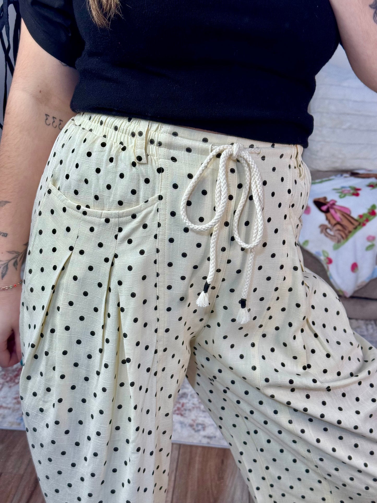 cream and black polka dot tie waist linen barrel spring womens' pants