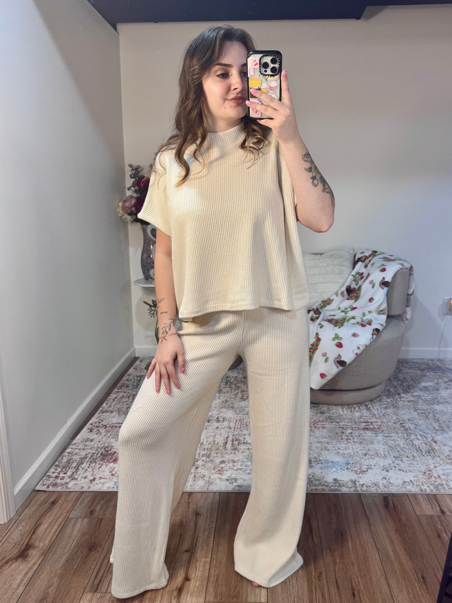 Matching Knit Cream wide leg Lounge Set 