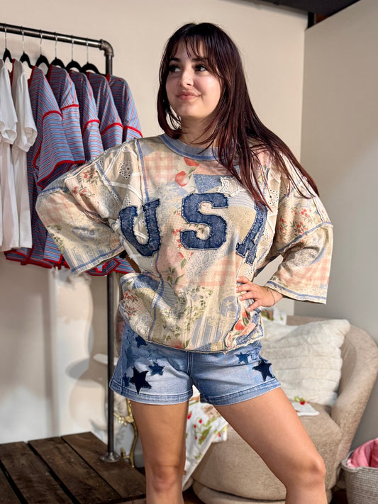 USA Patchwork Terry Pullover | Oversized Patriotic Graphic Sweatshirt