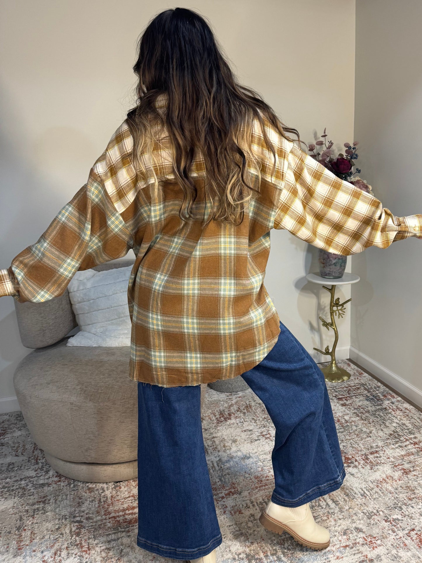 sage brown patchwork flannel shirt 