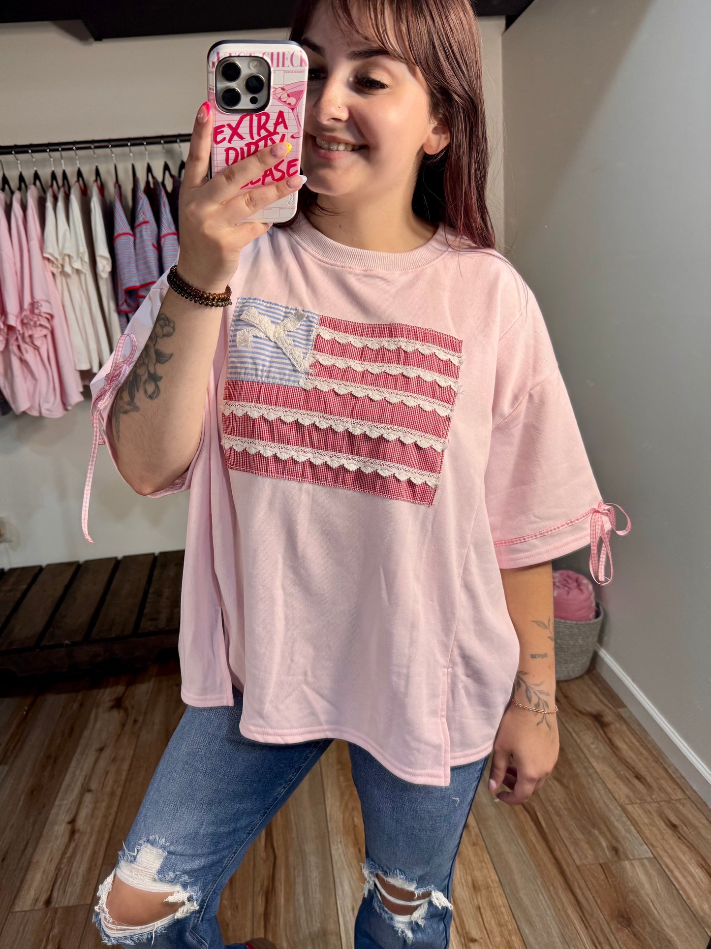 Patriotic Ribbon Flag Top | Pink Fourth of July Oversized Shirt