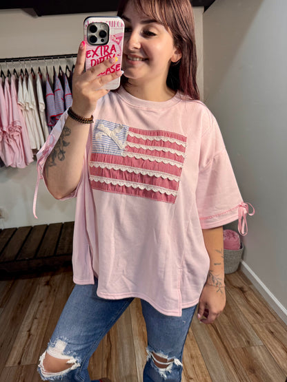 Patriotic Ribbon Flag Top | Pink Fourth of July Oversized Shirt