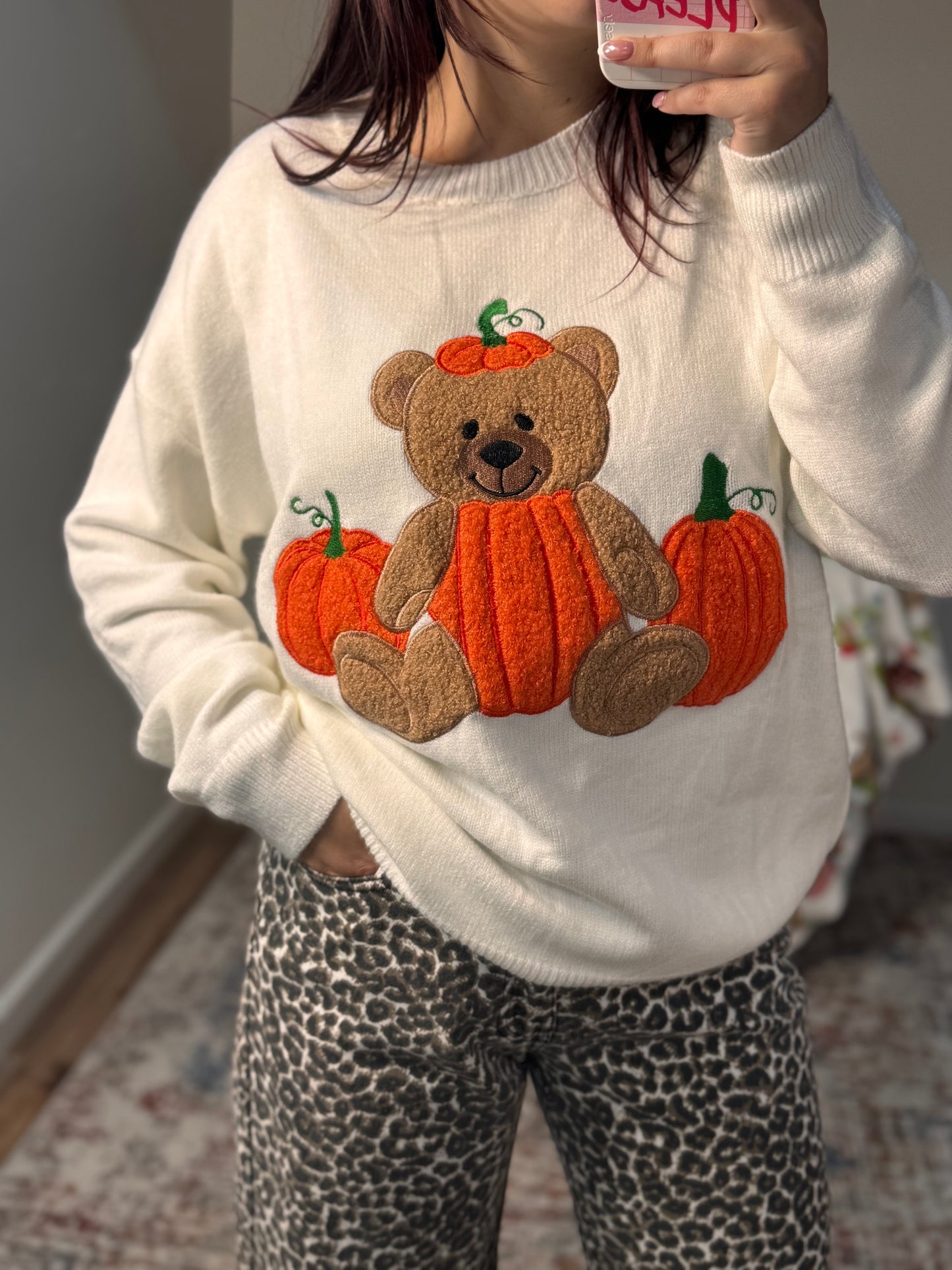 Pumpkin Teddy Bear Patchwork Sweater