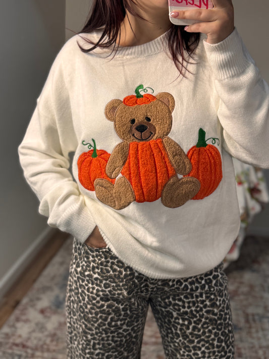 Pumpkin Teddy Bear Patchwork Sweater