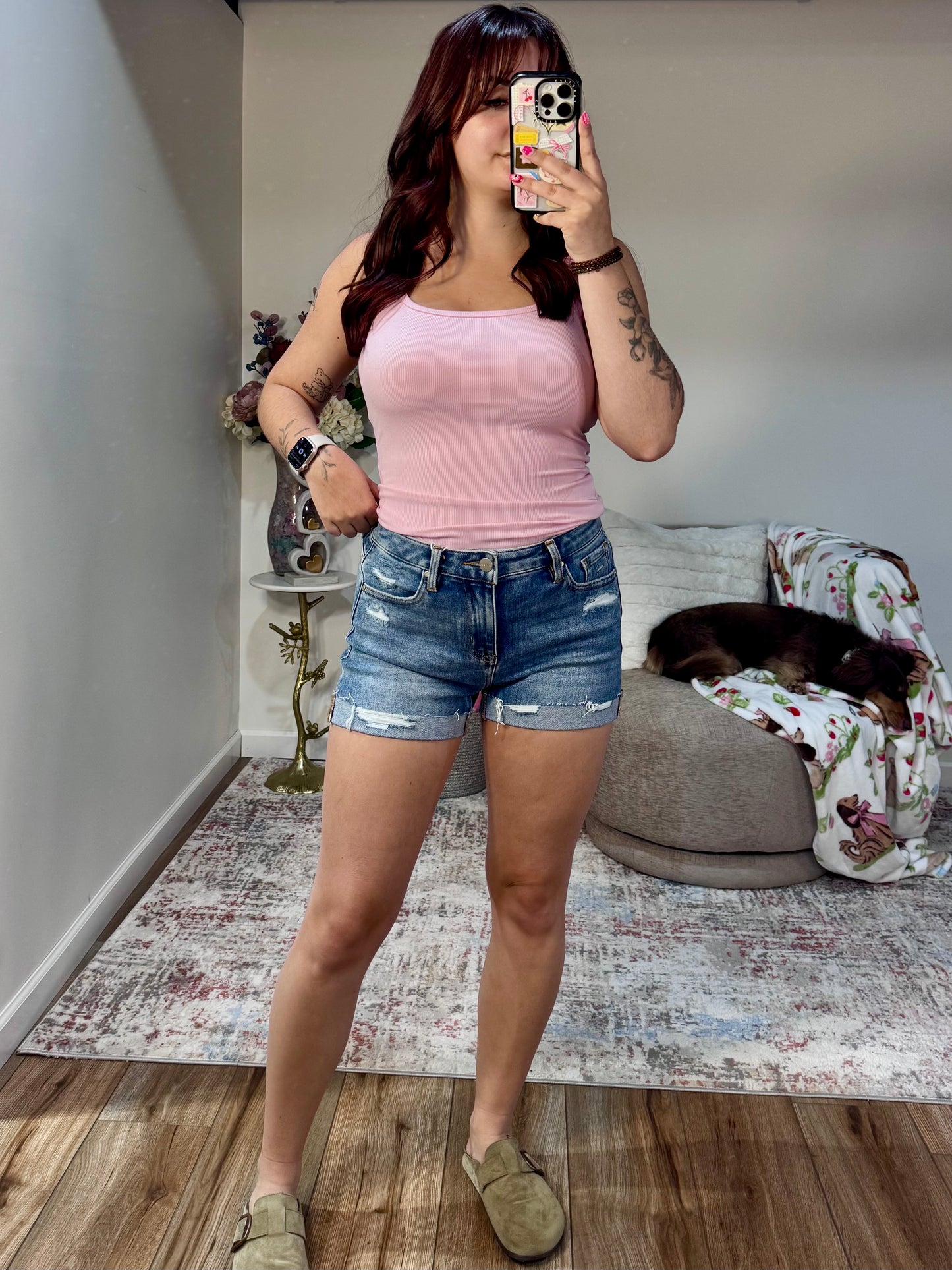 Mid Rise Cuffed Distressed Jean Shorts