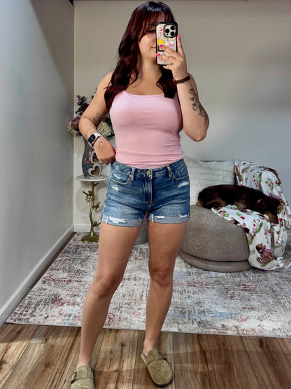 Mid Rise Cuffed Distressed Jean Shorts
