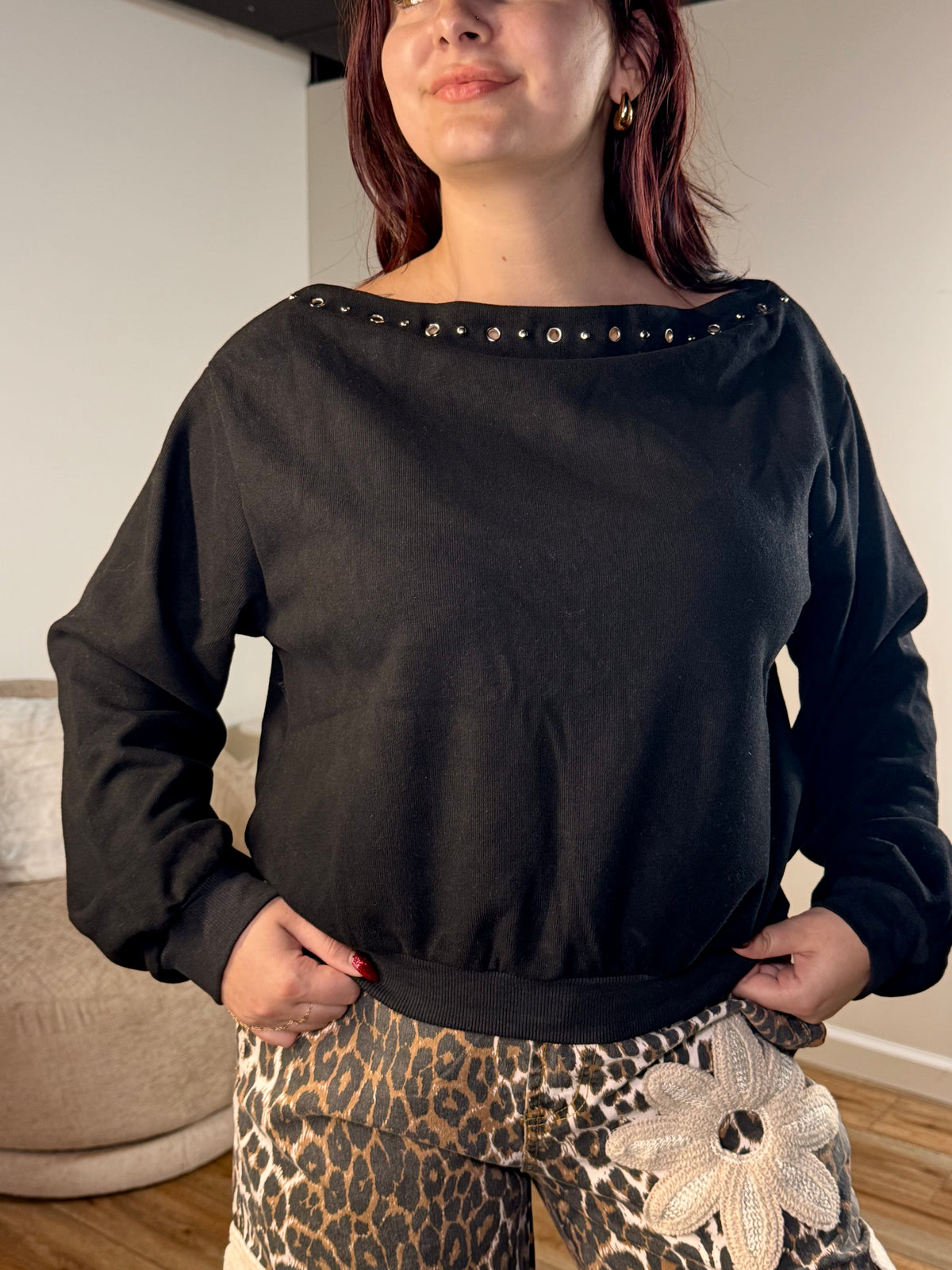 Rachelle Studded Boat Neck Sweatshirt, Black