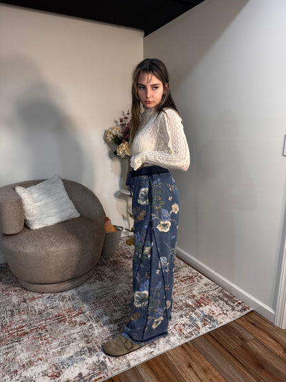 floral denim elastic waist wide leg