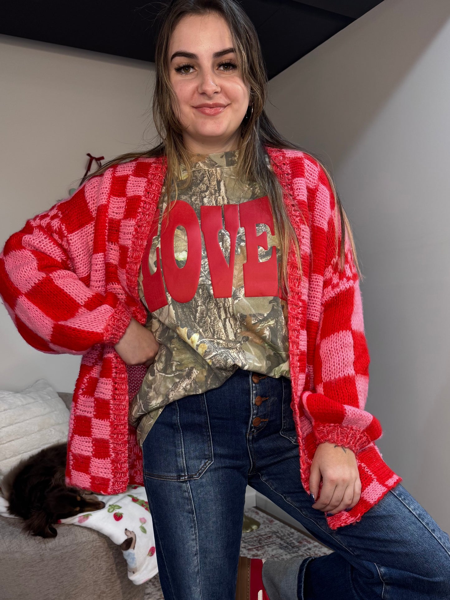 Myla Checkered Print Oversized Cardigan