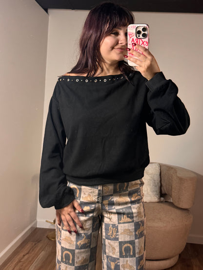 Rachelle Studded Boat Neck Sweatshirt, Black
