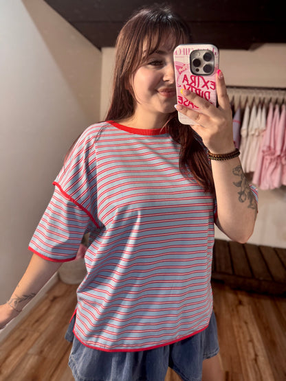 Clara Contrast Striped Tee | Casual Boxy Striped Top for Women